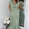 Khaki Short Sleeved V-Neck Midi Smock Dress