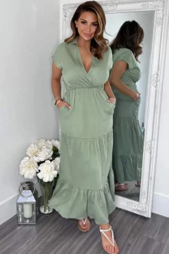 Khaki Short Sleeved V-Neck Midi Smock Dress