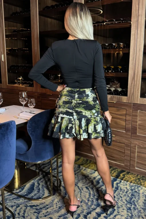 Khaki Smudge Print 2 in 1 Long Sleeve Ruched Mini Dress