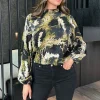 Khaki Smudge Print Long Sleeve Ruffle Neck Top