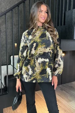 Khaki Smudge Print Long Sleeve Ruffle Neck Top