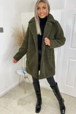 Khaki Teddy Faux Fur Coat With Collar