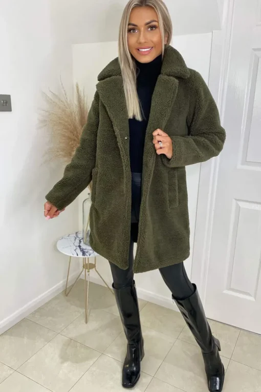 Khaki Teddy Faux Fur Coat With Collar