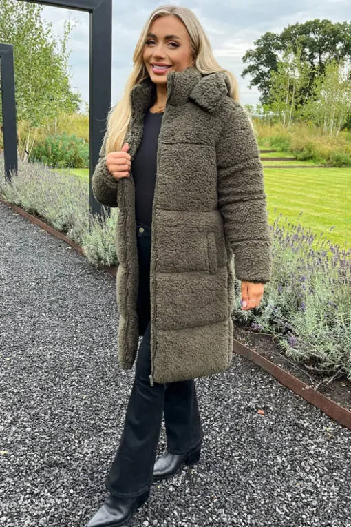 Khaki Teddy Panelled Long Coat