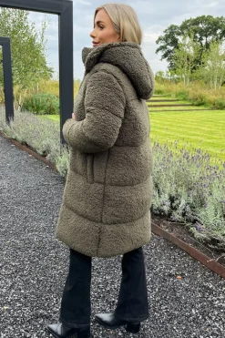 Khaki Teddy Panelled Long Coat