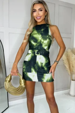 Khaki Tie Dye Round Neck Belted Skort Cargo Playsuit