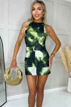 Khaki Tie Dye Round Neck Belted Skort Cargo Playsuit
