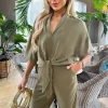 Khaki V-Neck Collar Tie Front Shirt