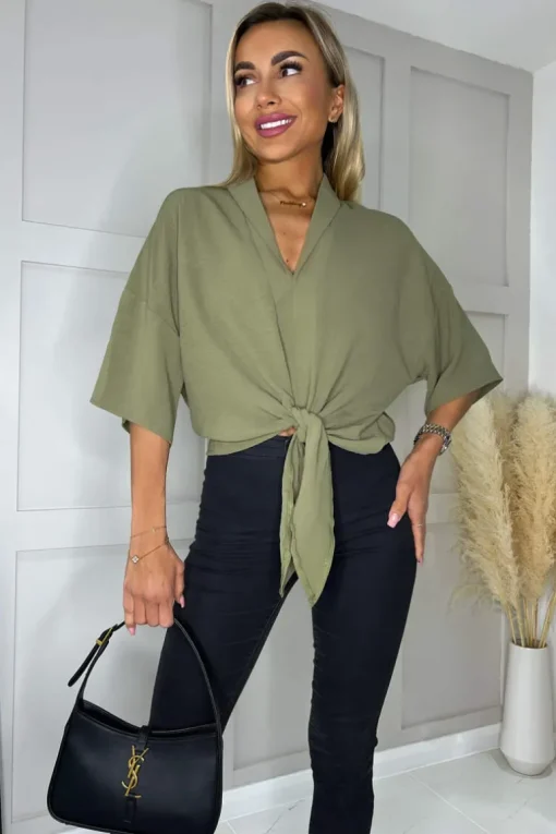 Khaki V-Neck Collar Tie Front Shirt
