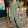 Khaki V-Neck Short Sleeve Belted Elasticated Cuff Jumpsuit