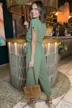 Khaki V-Neck Short Sleeve Belted Elasticated Cuff Jumpsuit