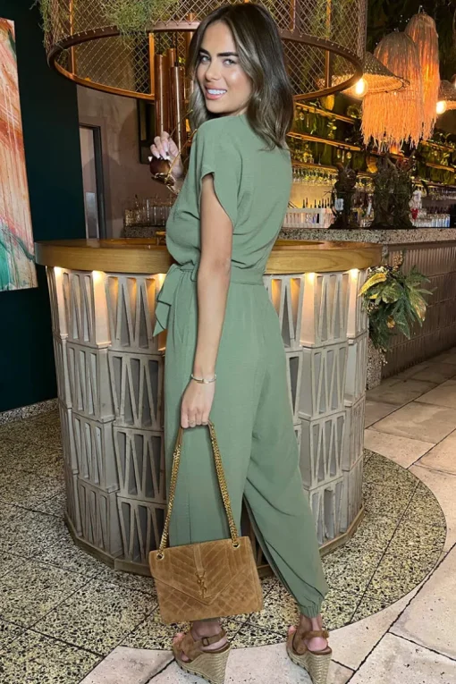 Khaki V-Neck Short Sleeve Belted Elasticated Cuff Jumpsuit