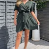 Khaki Wrap Top Belted Short Sleeve Plisse Mini Dress