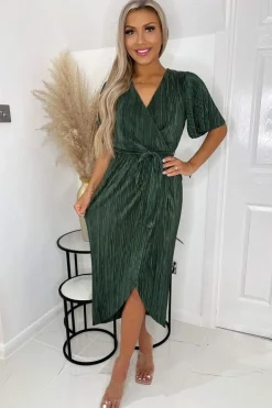 Khaki Wrap Top Belted Short Sleeve Plisse Midi Dress