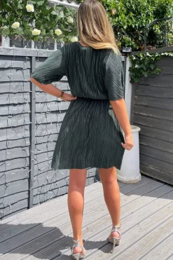 Khaki Wrap Top Belted Short Sleeve Plisse Mini Dress
