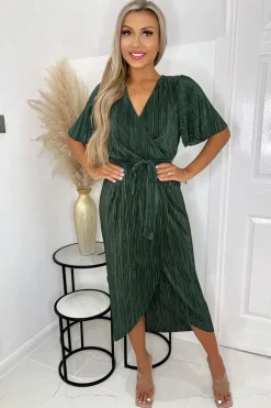 Khaki Wrap Top Belted Short Sleeve Plisse Midi Dress