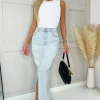 Light Blue Front Split Denim Midi Skirt