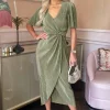 Light Khaki Short Sleeve Plisse Wrap Midi Dress