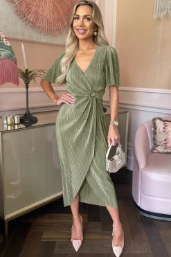 Light Khaki Short Sleeve Plisse Wrap Midi Dress