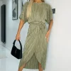 Light Khaki Short Sleeve Tie Waist Plisse Midi Dress