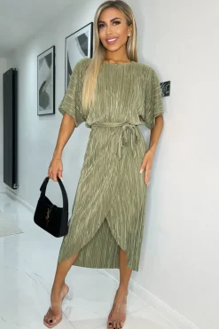 Light Khaki Short Sleeve Tie Waist Plisse Midi Dress
