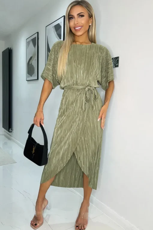 Light Khaki Short Sleeve Tie Waist Plisse Midi Dress