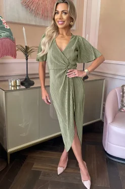 Light Khaki Short Sleeve Plisse Wrap Midi Dress