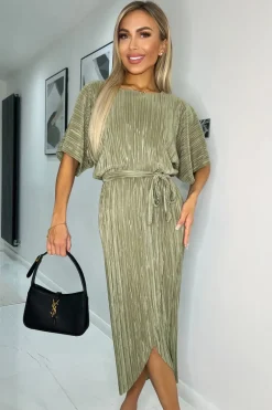 Light Khaki Short Sleeve Tie Waist Plisse Midi Dress