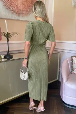 Light Khaki Short Sleeve Plisse Wrap Midi Dress