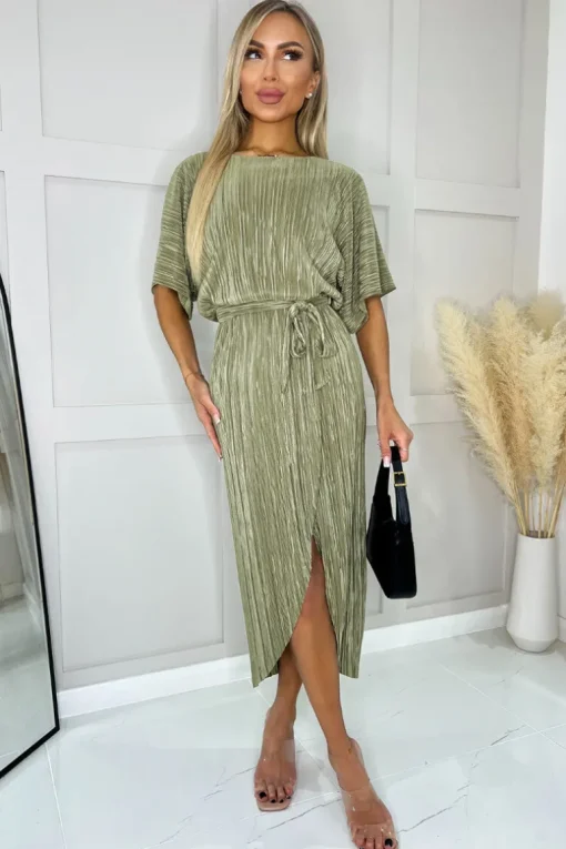 Light Khaki Short Sleeve Tie Waist Plisse Midi Dress