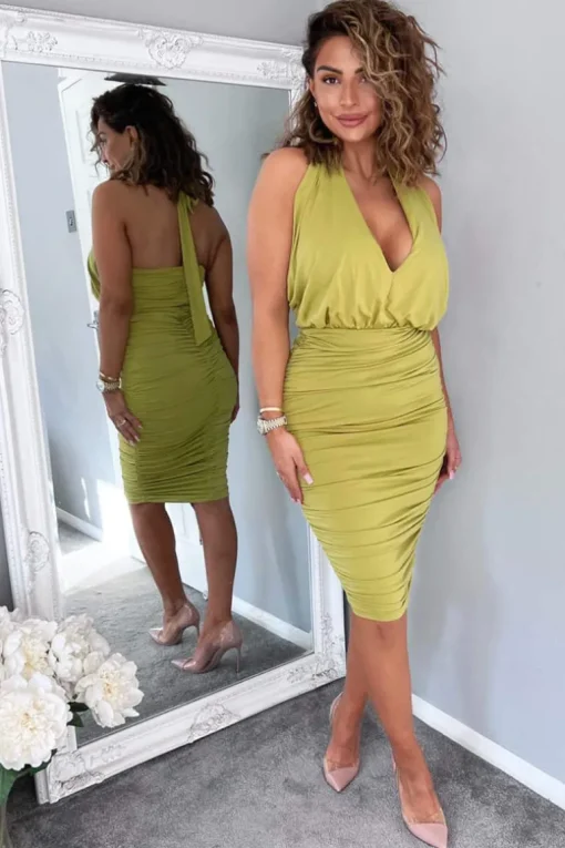 Lime Halter Tie Neck Ruched Midi Bodycon Dress