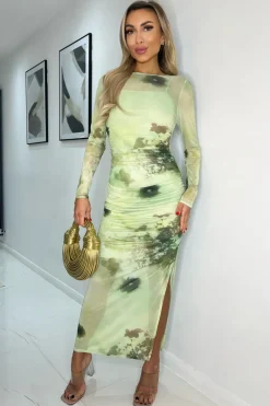 Lime Printed Mesh Overlay Long Sleeve Bodycon Midi Dress