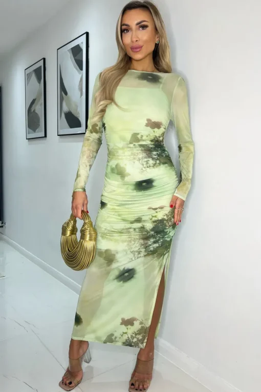 Lime Printed Mesh Overlay Long Sleeve Bodycon Midi Dress