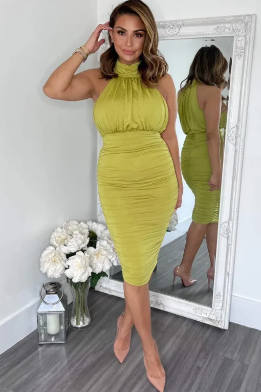 Lime Ruched High Neck Midi Dress