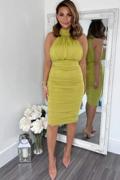 Lime Ruched High Neck Midi Dress