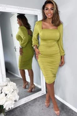 Lime Square Neck Ruched Long Sleeve Midi Dress
