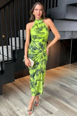Lime Tie Dye Print Halter Neck Knot Skirt Mesh Midi Dress