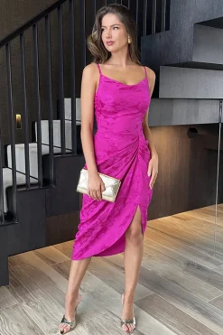 Magenta Embroidered Strappy Cowl Neck Gathered Skirt Midi Dress