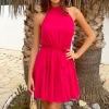 Magenta Halterneck Tie Waist Skater Mini Dress