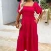 Magenta Puff Sleeve Shirred Waist Smock Midi Dress