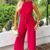Magenta Racer Neck Tie Waist Jumpsuit