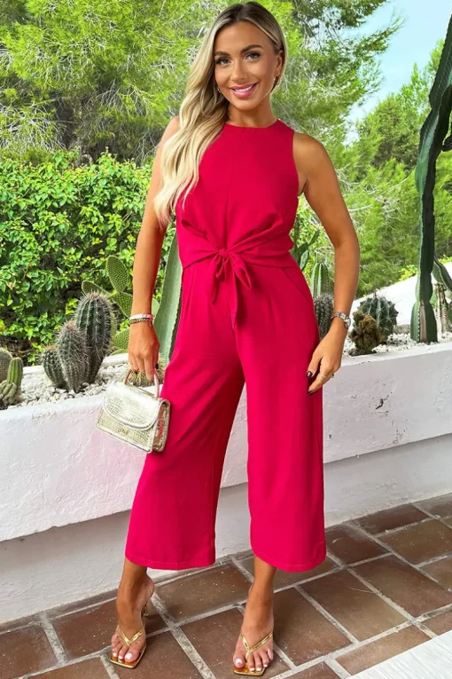 Magenta Racer Neck Tie Waist Jumpsuit