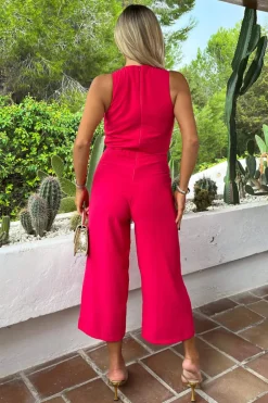 Magenta Racer Neck Tie Waist Jumpsuit