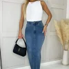 Mid Blue Frayed Hem Denim Midi Skirt