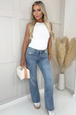 Mid Blue Mid Waist Wide Leg Jeans