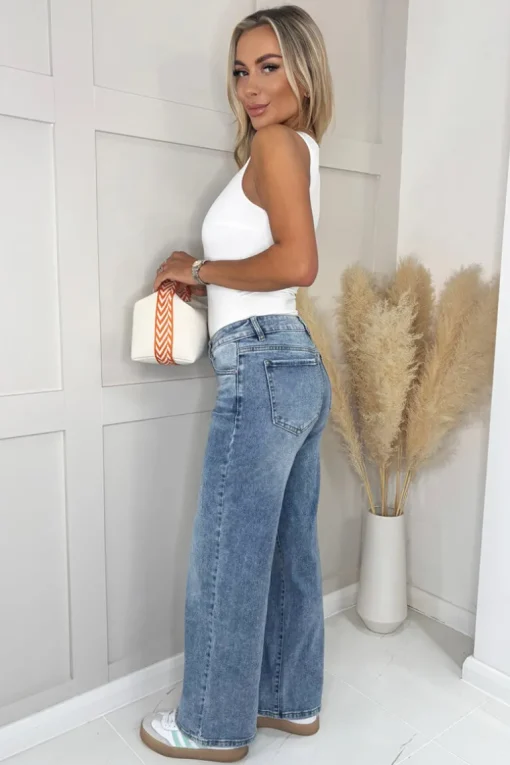 Mid Blue Mid Waist Wide Leg Jeans