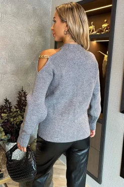 Mid- Grey Cut Out Shoulder Chain Detail Knit Jumper