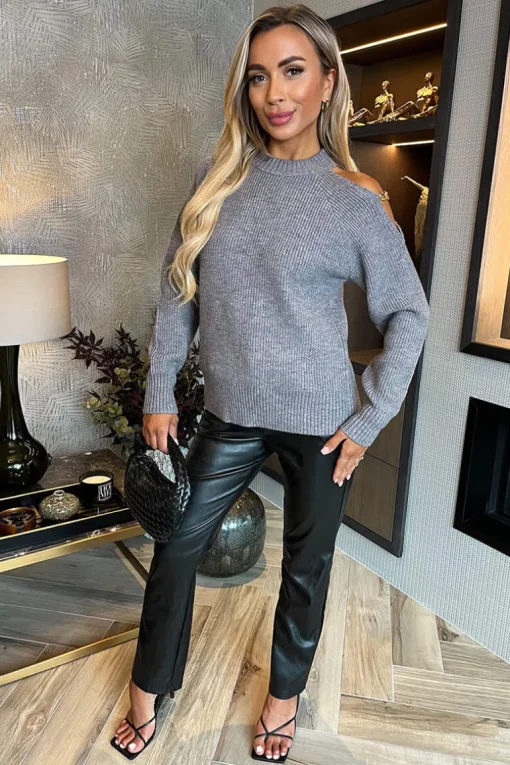Mid- Grey Cut Out Shoulder Chain Detail Knit Jumper