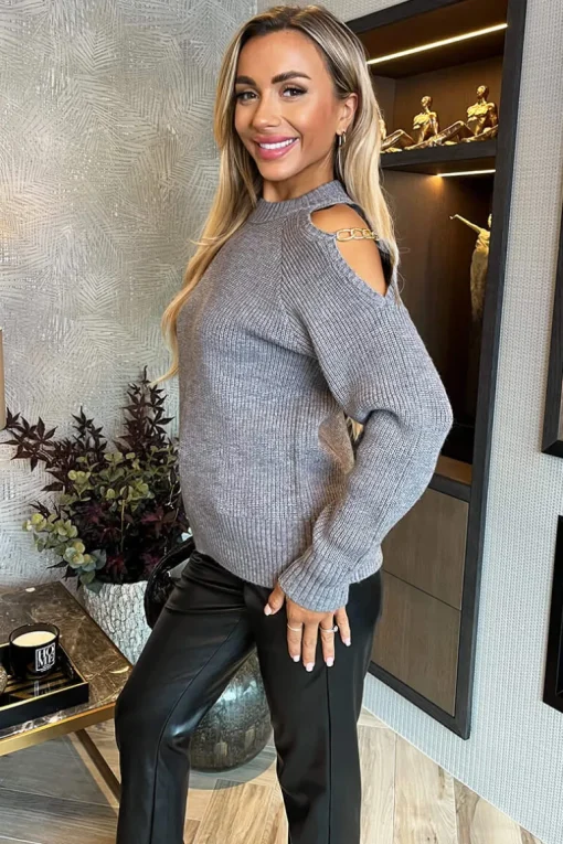 Mid- Grey Cut Out Shoulder Chain Detail Knit Jumper