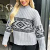 Mid Grey Fairisle Fringe Sleeve Detail Knitted Jumper